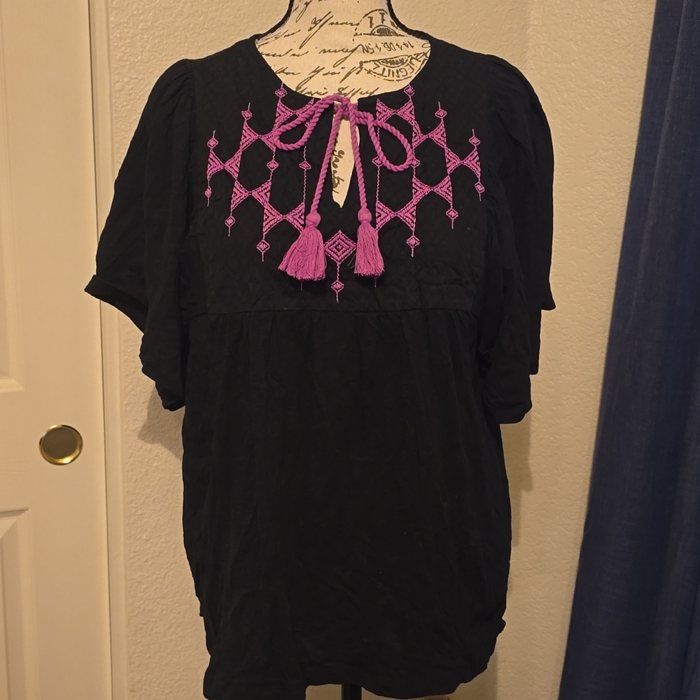 Knox Rose Womens Black Purple Embroidered Flutter Sleeve Boho Blouse Medium